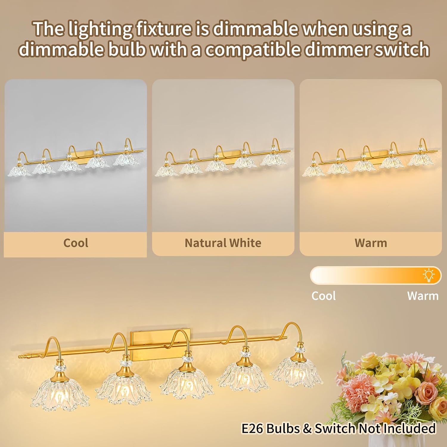 Gold Bathroom Vanity Light, 5-Light Brushed Gold Finish Vanity Light with Floral Clear Glass Shades, Vintage Wall Mount Lighting for Bathroom, Dressing Table