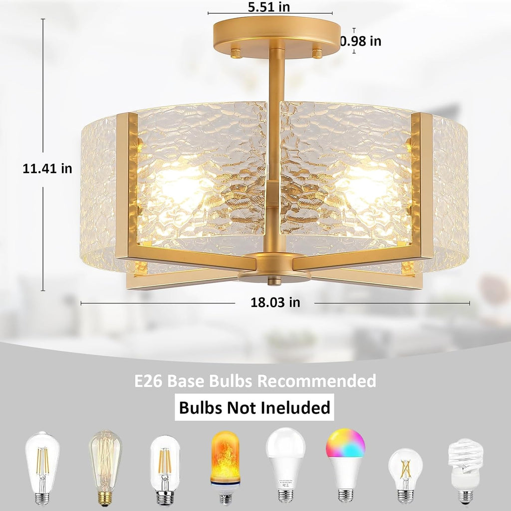 18 inch Large Gold Semi Flush Mount Drum Ceiling Light Fixture, 4-Light Glass Close to Ceiling Lighting Fixtures for Bedroom Hallway Kitchen Foyer Bathroom Closet Entryway Laundry Room