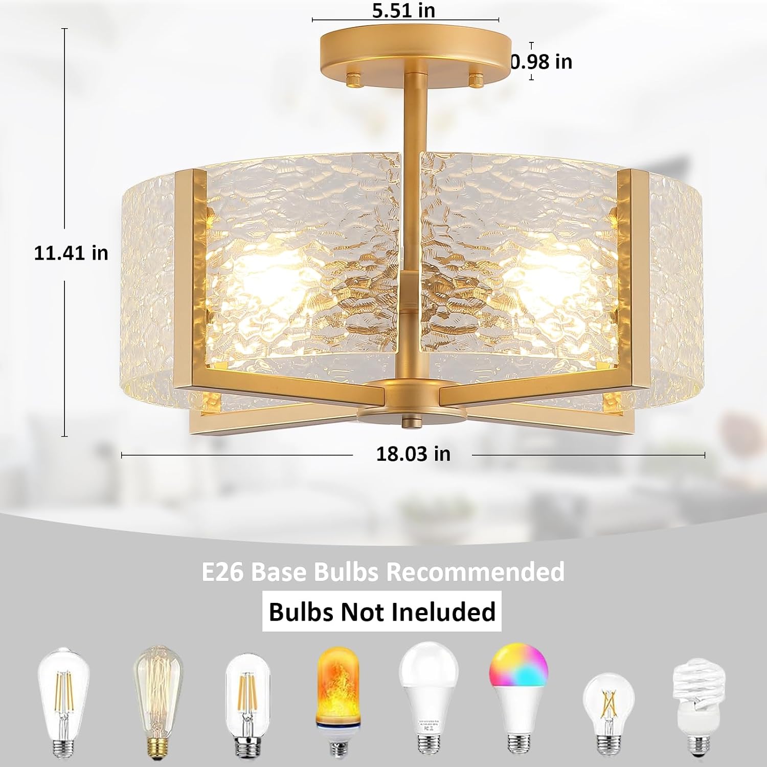 18 inch Large Gold Semi Flush Mount Drum Ceiling Light Fixture, 4-Light Glass Close to Ceiling Lighting Fixtures for Bedroom Hallway Kitchen Foyer Bathroom Closet Entryway Laundry Room