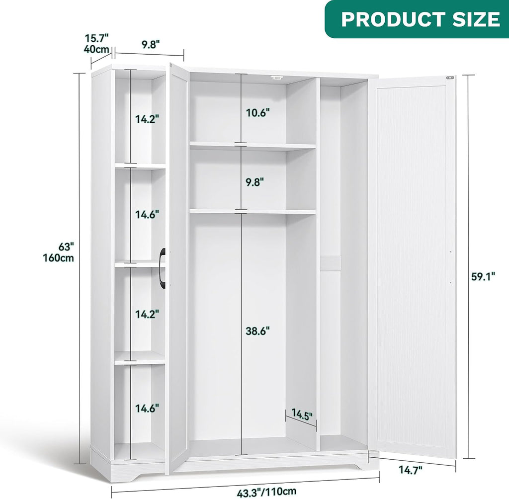YITAHOME Wooden Garage Broom Cabinets with Adjustable Shelves, Multifunctional Organizer for Ironing Boards and Vacuum Cleaners, Tool Storage Cabinet for Gym, Basement, Warehouse, Oak White