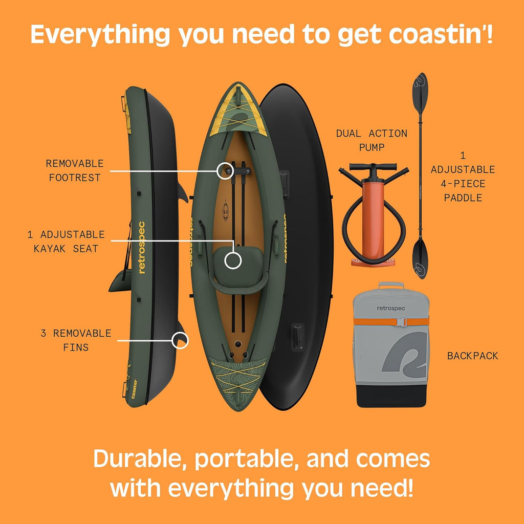 Retrospec Coaster Single & Tandem Inflatable Kayak for Adults - Blow Up Kayak, 220 & 440lb Capacity, Portable Lightweight Kayak with Paddle, Pump & Carry Bag