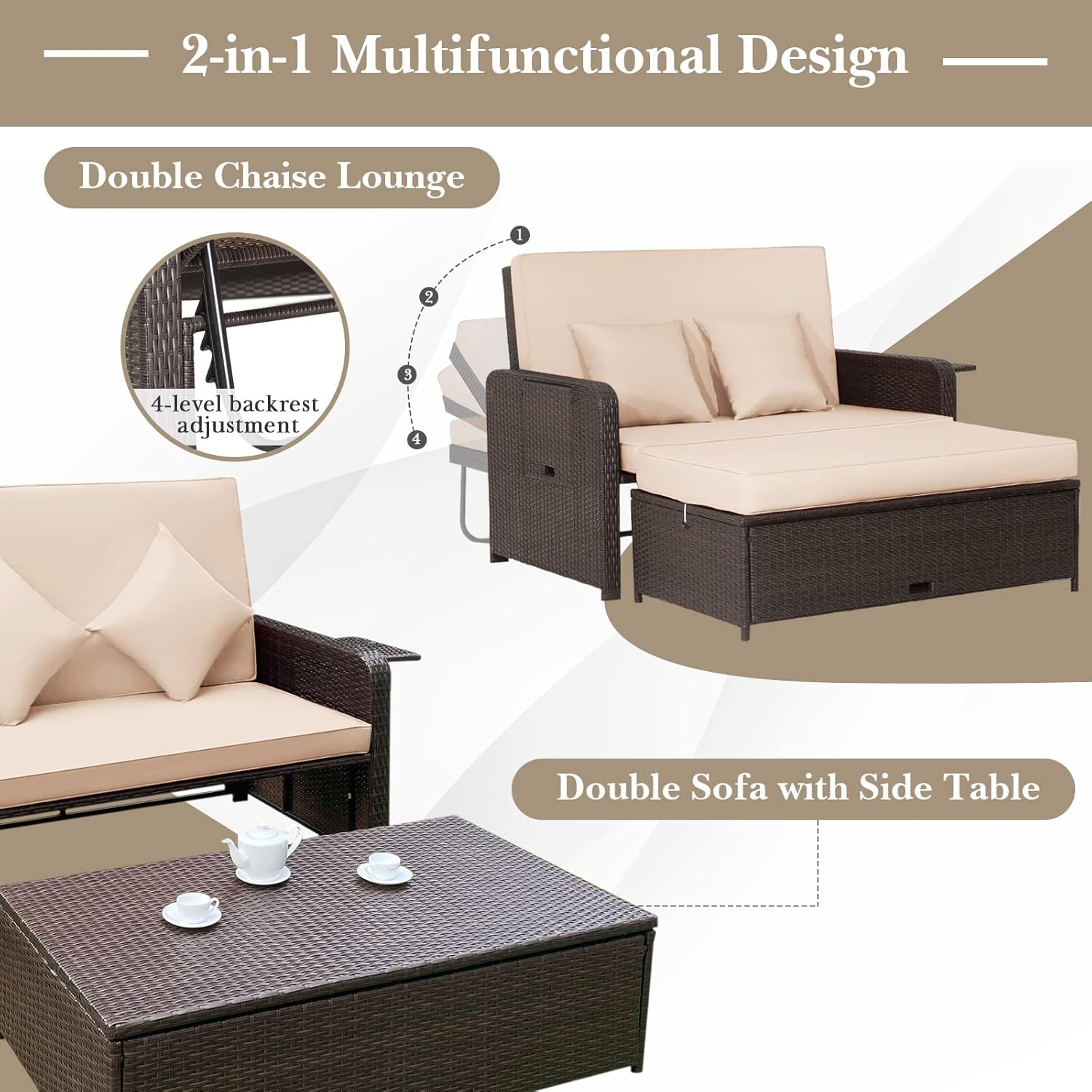 COSTWAY Patio Rattan Daybed with Cushions, Outdoor Wicker Loveseat Sofa with Storage Ottoman, 4-Level Adjustable Backrest, Bed Lounger for Yard, Balcony, Porch, Garden, Pool (Off White)