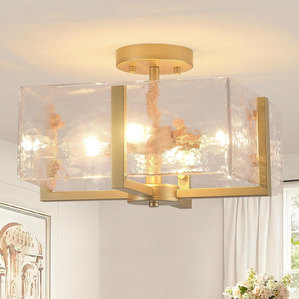 Gold Flush Mount Ceiling Light, 4-Light Brass Vintage Semi Flush Mount Hallway Foyer light fixture, Modern Glass Square Close to Ceiling Light for Kitchen, Dining Room, Bedroom, Bathroom, Entryway