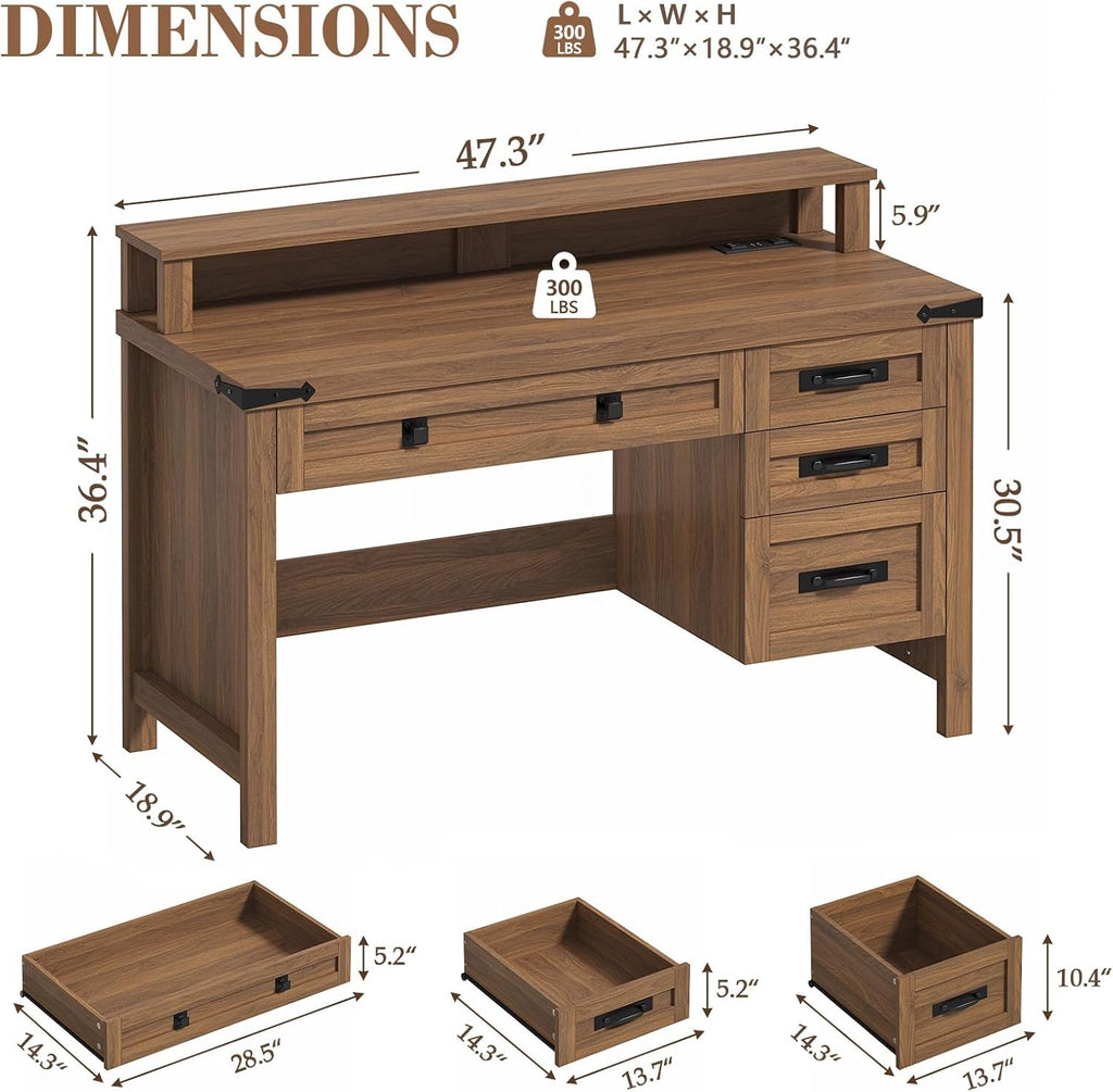 YOMILUVE Farmhouse Executive Desk with Drawers, 47' Computer Desk with Power Outlets, Home Office Desk with Monitor Stand & 4 Drawers, Small Desk Writing Study Table, Brown