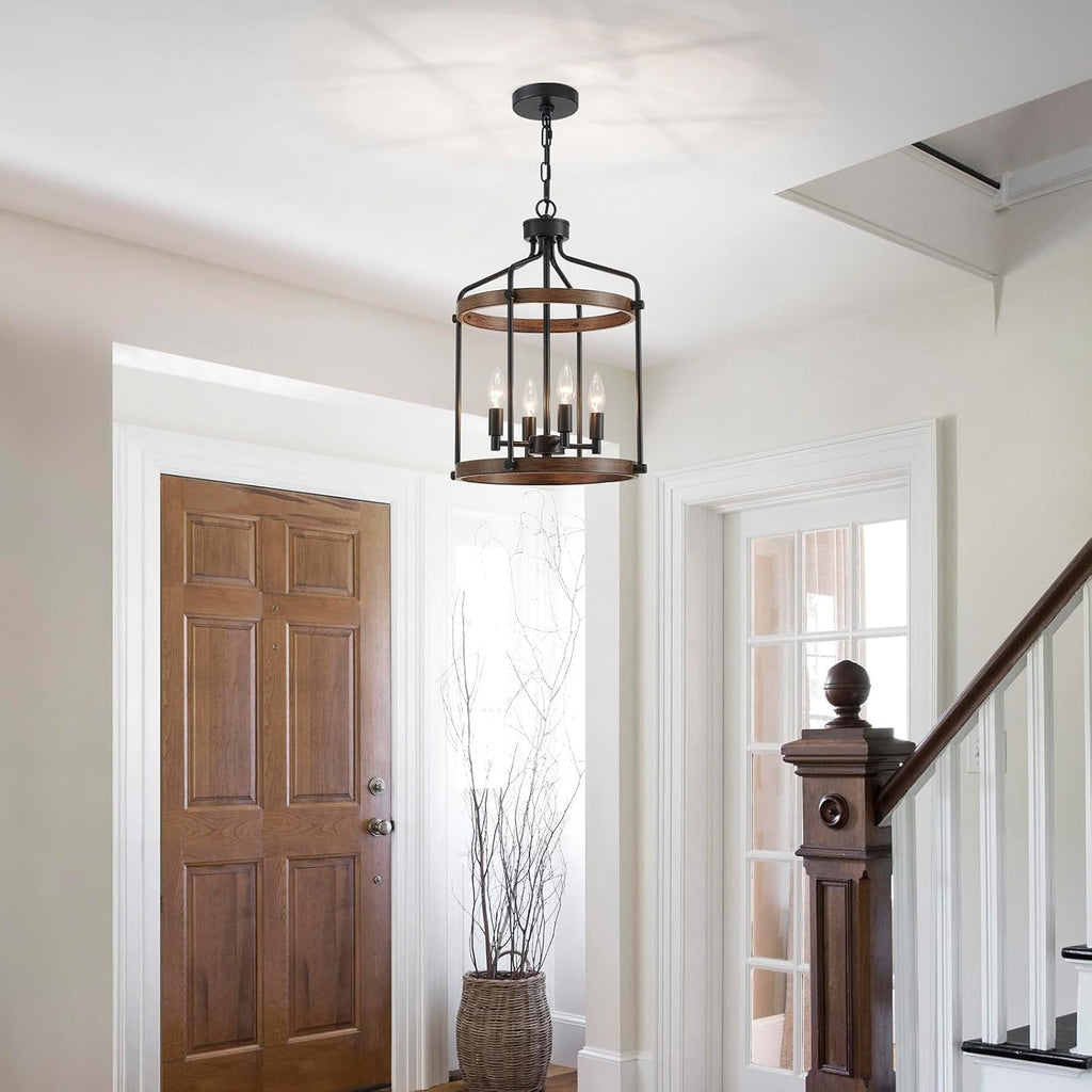 Modern Black Chandelier, 4-Light Farmhouse Dining Room Light Fixture Over Table, Muted Black with Retro Wood Texture Shade, Rustic Cage Hanging Pendant Lighting for Hallway Entryway Kitchen Bedroom