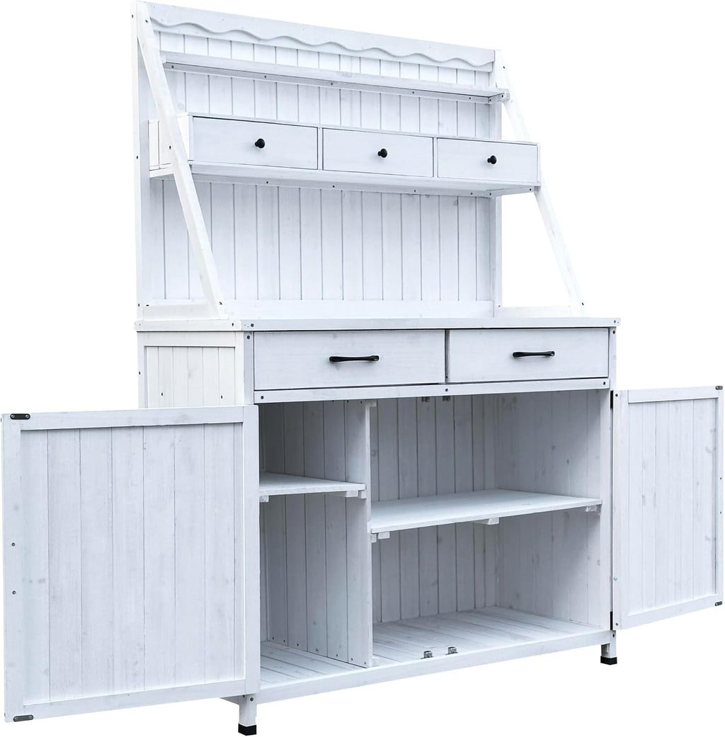 GDFStudio Farmhouse Outdoor Storage Bench Table with Cabinet, Fir Wood Potting Bench Plant Bench, Large Garden Storage Work Bench with Drawers Removable Shelf for Backyard Patio Greenhouse, White