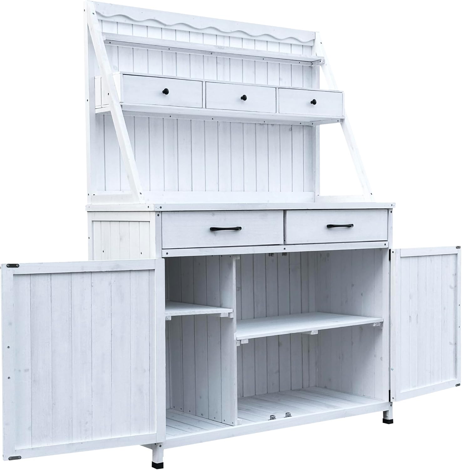 GDFStudio Farmhouse Outdoor Storage Bench Table with Cabinet, Fir Wood Potting Bench Plant Bench, Large Garden Storage Work Bench with Drawers Removable Shelf for Backyard Patio Greenhouse, White