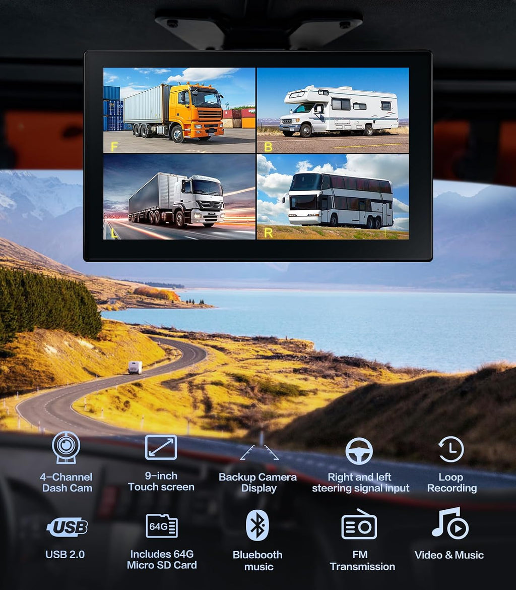 4-Channel 1080p Backup Camera Dash Cam with 10.2'' Screen, DVR Recording Back Up Cam for RV/Truck/Trailer/Van/SUV/Cars, Quad Split Parking Monitor with Playback/Bluetooth/FM Radio/Music/Video Player