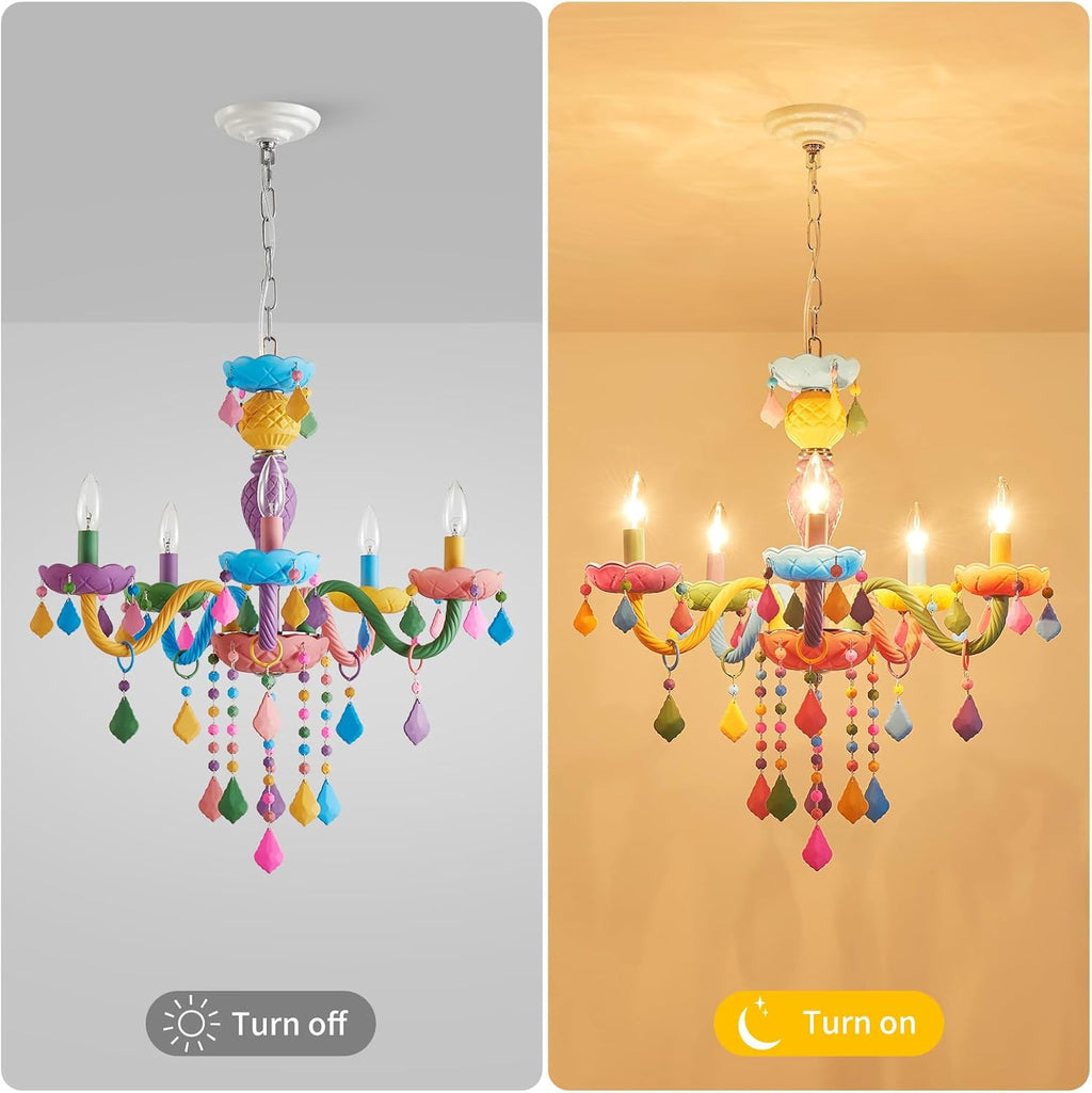 5-Lights Children Chandeliers, Modern Candy Design, Colorful Crystal Chandeliers for Bedroom, Dining Room, D22.8'' × H33.5'', Adjustable Height (33.5'~70.9'), Youth Color & Chrome Finish Frame