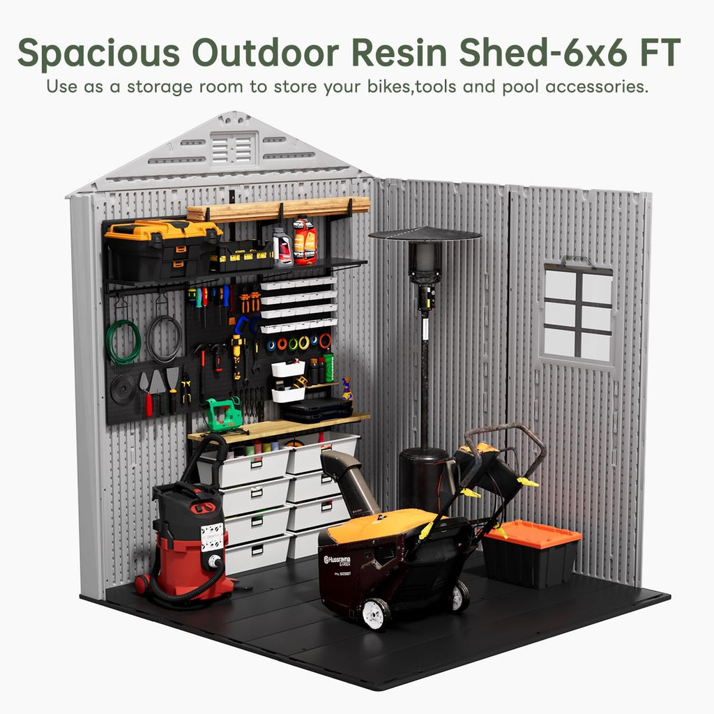 KINYING 6x6 FT Outdoor Storage Shed,Resin Clearance Outdoor Sheds with Floor,Weather Resistant Garden Tool Plastic Shed with Window for Backyard, Garden, Patio, Lawn,Lockable
