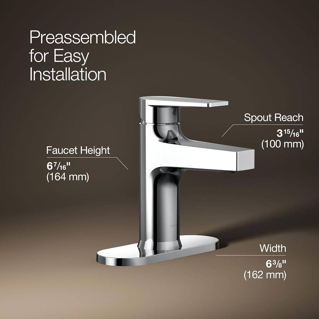 Kohler 74021-4-CP Taut® Single-Handle Bathroom Sink Faucet, 1.2 gpm, Polished Chrome