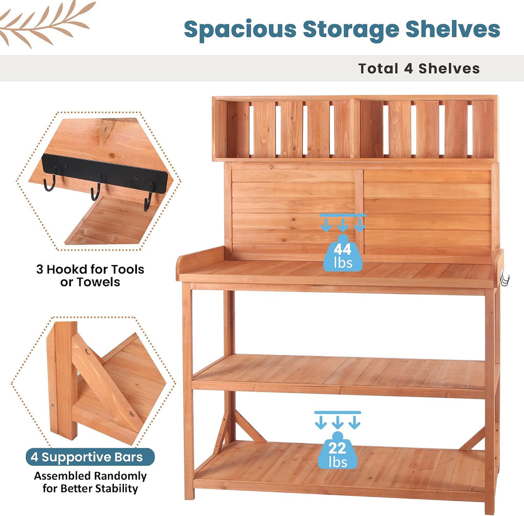 Outdoor Potting Bench Table with Storage Shelves, Farmhouse Wood Garden Wook Station Table with Side Hooks,Potting Tables for Outside, Patio, Backyard, Easy Assembly, Natural