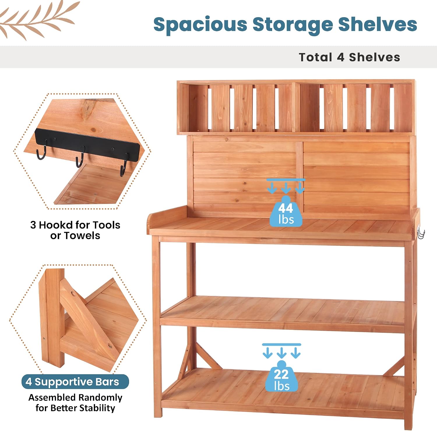 Outdoor Potting Bench Table with Storage Shelves, Farmhouse Wood Garden Wook Station Table with Side Hooks,Potting Tables for Outside, Patio, Backyard, Easy Assembly, Natural