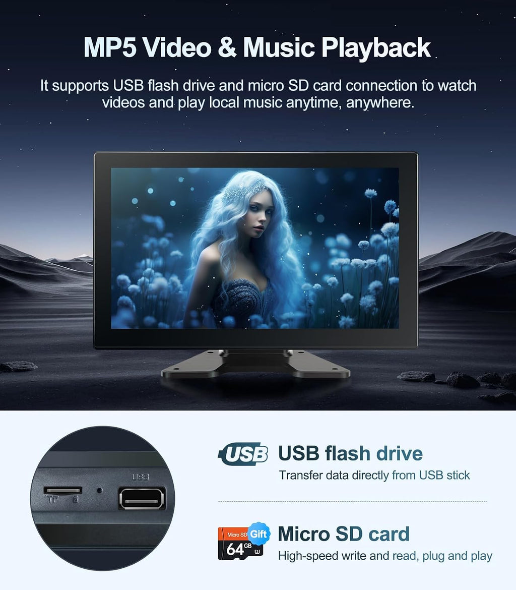 4-Channel 1080p Backup Camera Dash Cam with 10.2'' Screen, DVR Recording Back Up Cam for RV/Truck/Trailer/Van/SUV/Cars, Quad Split Parking Monitor with Playback/Bluetooth/FM Radio/Music/Video Player