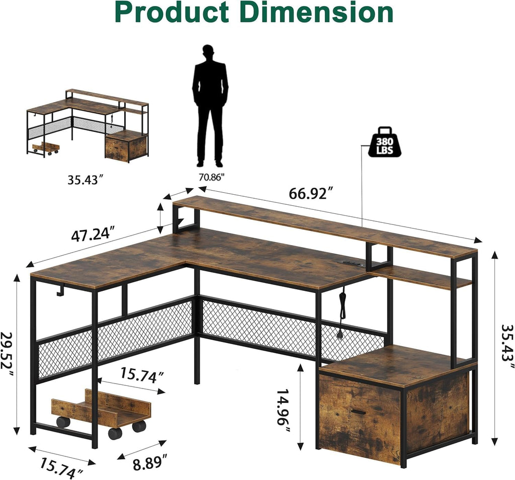 L Shaped Desk with Drawers, 66' Home Office Desk with Power Outlet and Led Strip, Reversible Computer Desk with Storage Shelves & Monitor Stand, Large Corner Desk Gaming Desk, Rustic Brown