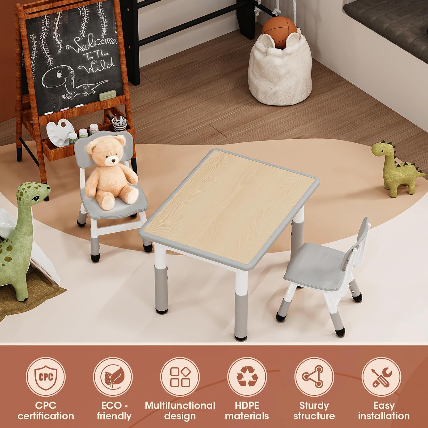 HLPB Kids Table and 2 Chairs Set, Adjustable Height, Graffiti Desktop, Non-Slip Legs, 31.5''L x 23.6''W Toddler Multi-Activity Table for Ages 2-8, Max 300lbs, for Daycare, Classroom, Home