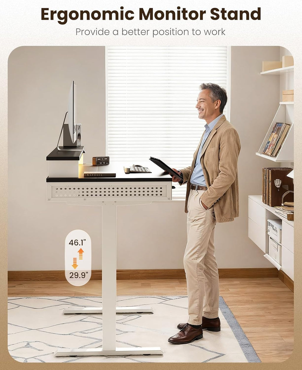 OffiGo Electric Standing Desk with 3 Wooden Drawers, 48 Inch Height Adjustable Desk with Power Outlets & LED Lights, Black and White Sit Stand Table with Monitor Stand for Home, Office, Workstation