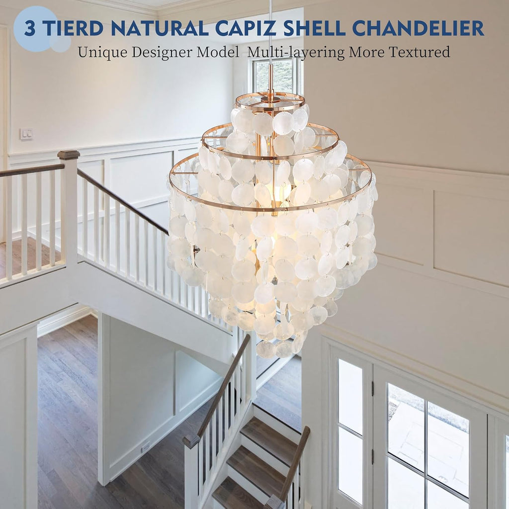 Capiz Shell Chandelier,18' Gold Coastal Chandelier Light Fixture with 4 Lights Capiz Seashell Pendant for Living Room Foyer Kitchen Island Entryway Dining Room Bedroom,LED Bulb Included