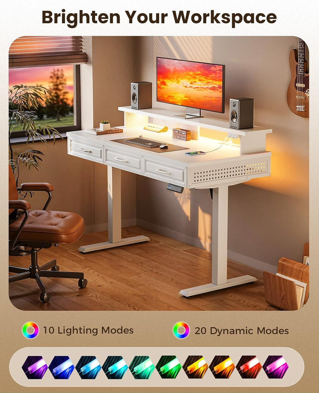 OffiGo Electric Standing Desk with 3 Wooden Drawers, 48 Inch Height Adjustable Desk with Power Outlets & LED Lights, White Sit Stand Table with Monitor Stand for Home, Office, Workstation