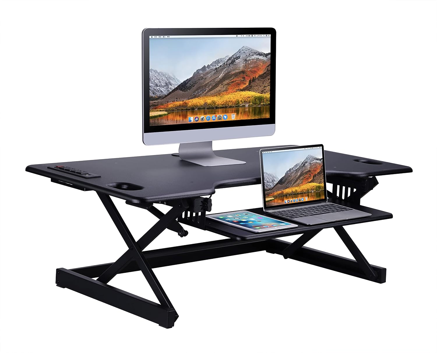 Rocelco 46' Height Adjustable Standing Desk Converter with AC USB Charger and Anti Fatigue Floor Mat - Sit Stand Up Triple Screen Riser Workstation - Keyboard Tray - Black (R DADRB-46-ACUSB-MAFM)