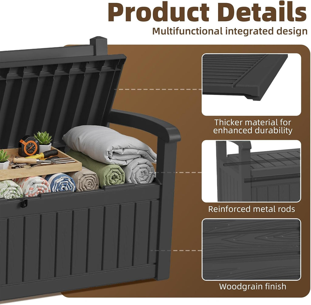 EasyUp 80 Gallon Wood Grain Style Outdoor Storage Bench, Waterproof and Lockable Deck Box Outdoor Storage Furniture for Patio,Garden,and Porch – Perfect for Storing Garden Tools and Cushions(Black)