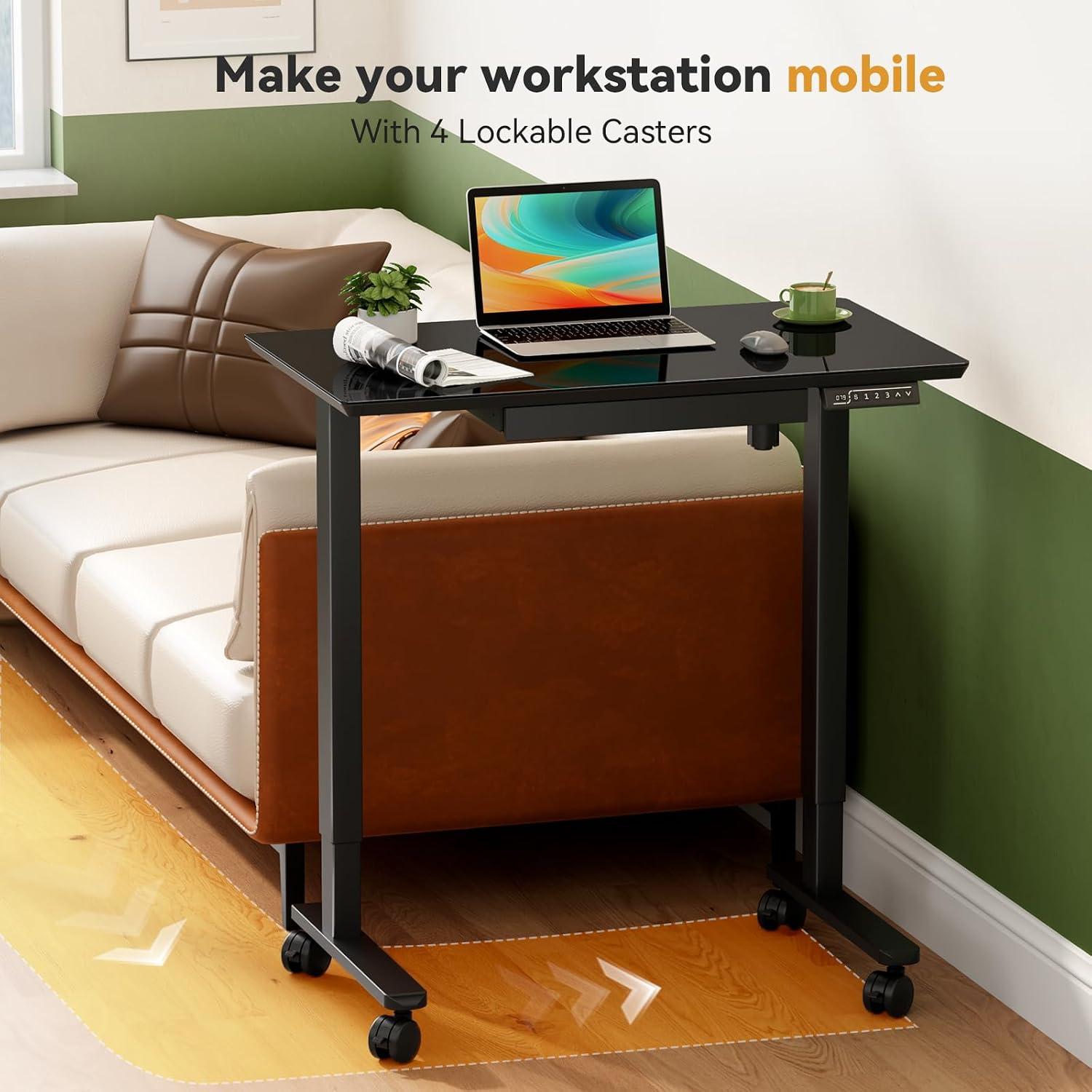 Gibbon Mounts Glass Standing Desk with Drawer, Electric Sit Stand Desk with Wheels, 35×20Inch Whole Piece Height Adjustable Rising Table, Small Computer Workstation, Black