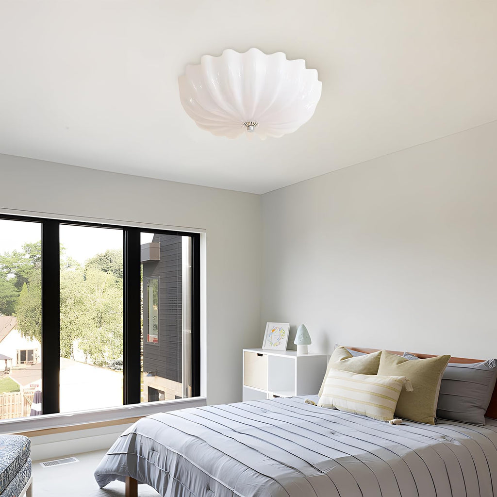 Large White Scalloped Semi Flush Mount Ceiling Light Vintage Milk Glass Flush Mount Ceiling Light Mid Century Modern Ceiling Lights for Entryway Hallway Bedroom