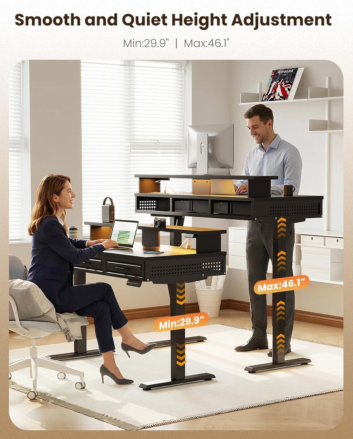 OffiGo Electric Standing Desk with 3 Wooden Drawers, 48 Inch Height Adjustable Desk with Power Outlets & LED Lights, Black Sit Stand Table with Monitor Stand for Home, Office, Workstation