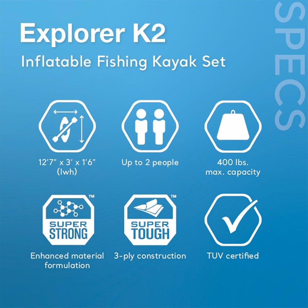 INTEX 68309EP Excursion Pro K2 Inflatable Kayak Set: Includes Deluxe 86in Kayak Paddles and High-Output Pump – SuperTough PVC – Adjustable Bucket Seat – 2-Person – 400lb Weight Capacity