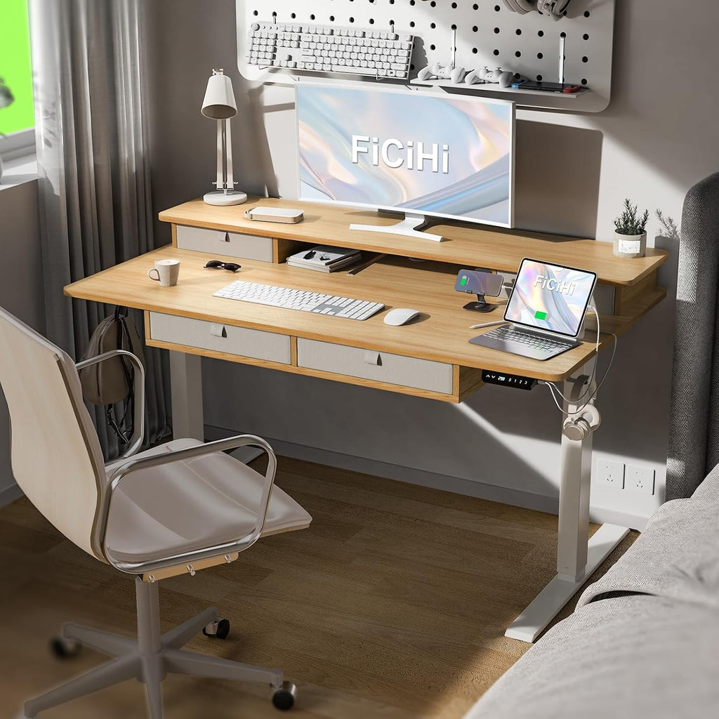 FiCiHi Adjustable Height Standing Desk with 4 Drawers,48 x 30 inches Electric Sit Stand Home Office Desk with Two Tiers, 3 Memory Presets, Monitor Stand Riser, USB A/C Charging Port