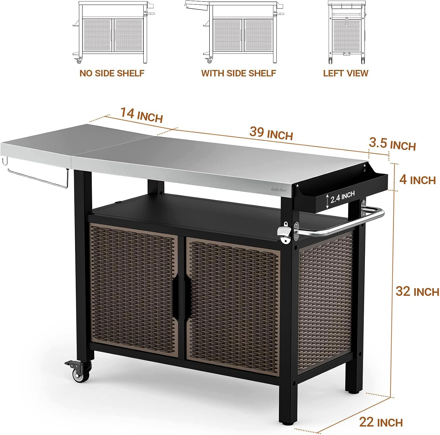 onlyfire 53-Inch Rolling Kitchen Island Cart with XL Stainless Steel Top & Rattan Texture Cabinet, Heavy-Duty Outdoor Dining Cart with Side Shelf, Propane Tank Holder, Spice Rack, Wheels for Patio