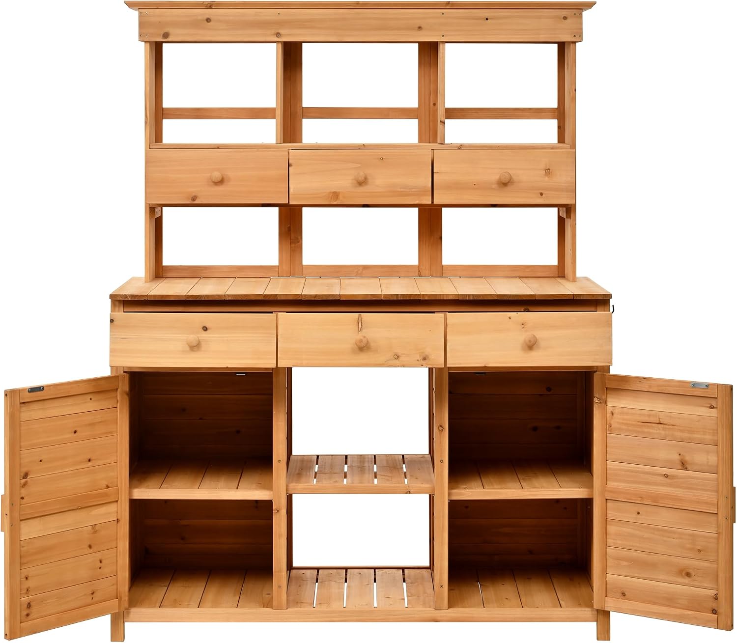 JIVOIT Outdoor Wood Workstation Table, 65.7'' H Tall Garden Potting Bench Table with Hutch, 3 Shelves, 6 Drawers, 2 Bottom Cabinets & Side Hooks, Patio Storage Workstation for Mudroom, Doorway