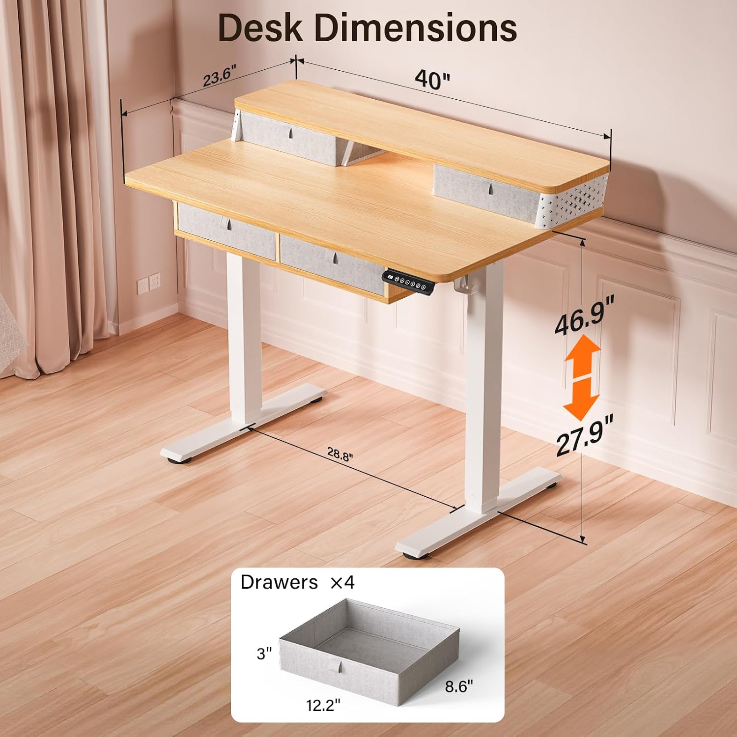 Kingant 40 x 24 Inch Small Electric Standing Desk with 4 Drawers, Height Adjustable Sit to Stand Computer Desk with Storage Shelf and C-Clamp Mount Compatibility for Home Office, Nature