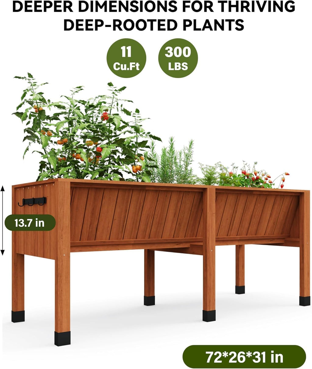 Garvee 6x2x2.5 ft Large Raised Garden Bed (72x26x30 in) - Elevated Wood Planter Box with Storage Hooks & Locking Wheels - 13.7 in Deep Outdoor Grow Box for Vegetables/Herbs w/Non-Woven Liner