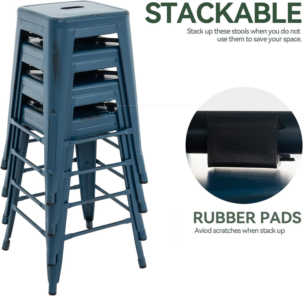 Vogue Furniture Direct 24 Inch Metal Bar Stools, Backless Counter Height Barstools, Indoor Outdoor Stackable Stools with Square Seat, Set of 4 (Distressed Deep Blue)