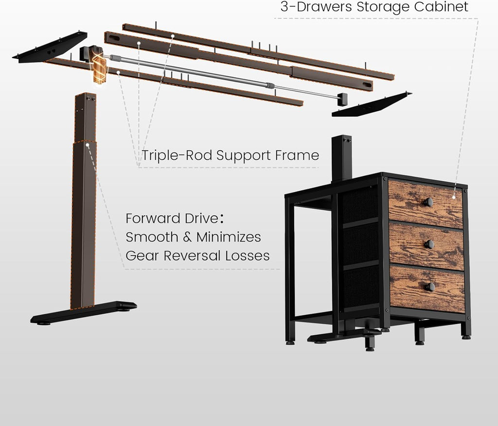 REAHOME Electric Standing Desk with Drawers, 55 x 24 Inches Height Adjustable Sit Stand Desk with Storage, 3 Memory Preset Home Office Computer Desk, Printer Cabinet Cable Management, Rustic Brown
