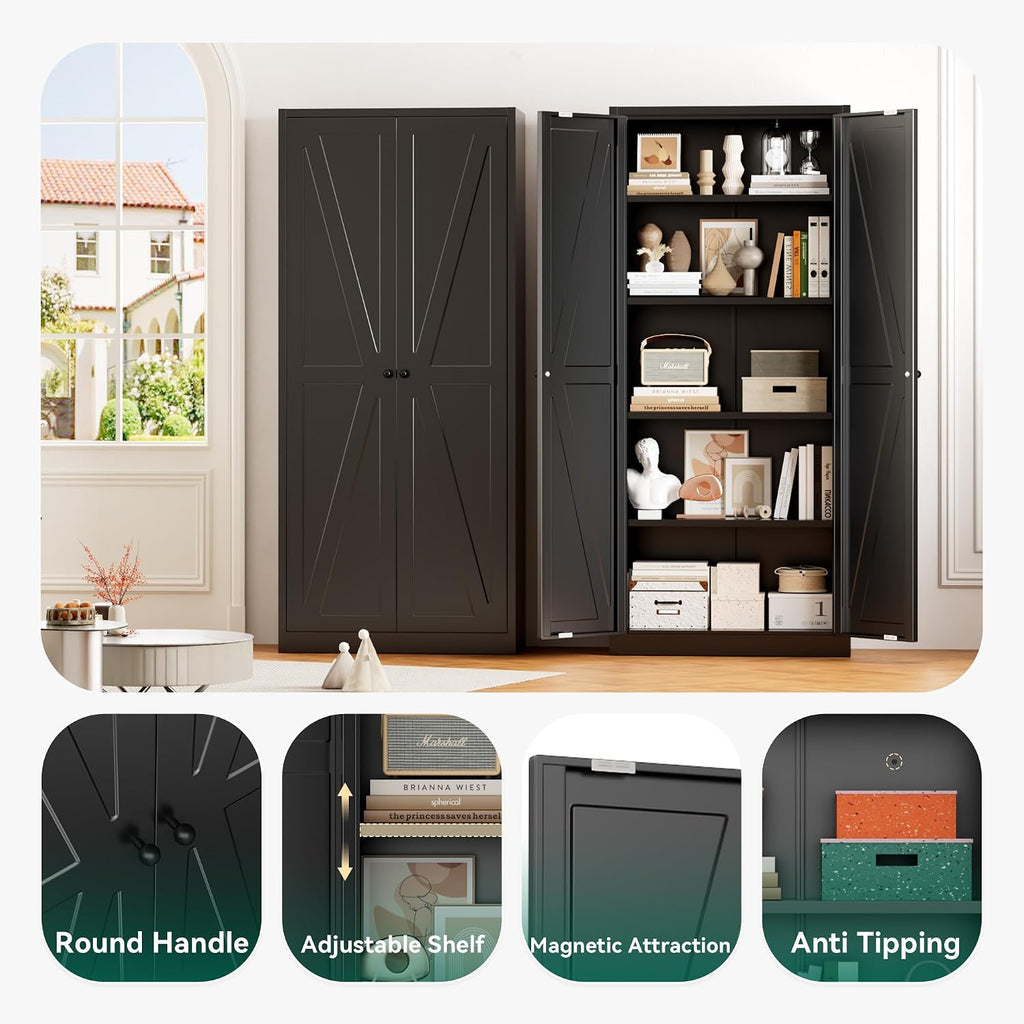 Greenvelly Metal Cabinet, 63' H Black Metal Storage Cabinet with Doors and 4 Shelves, Pantry Storage Cabinet for Kitchen, Bedroom, Living Room, Office (Farmhouse)