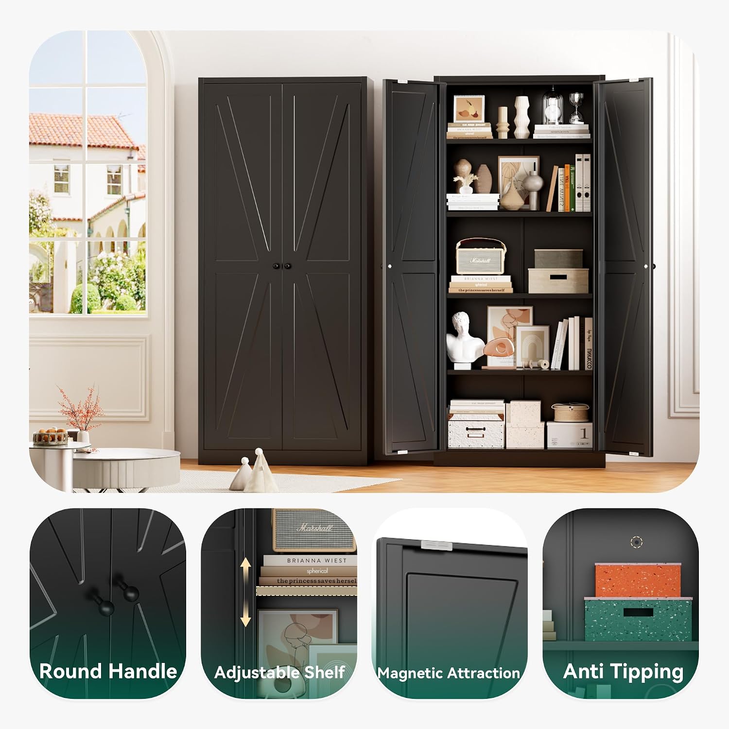 Greenvelly Metal Cabinet, 63' H Black Metal Storage Cabinet with Doors and 4 Shelves, Pantry Storage Cabinet for Kitchen, Bedroom, Living Room, Office (Farmhouse)