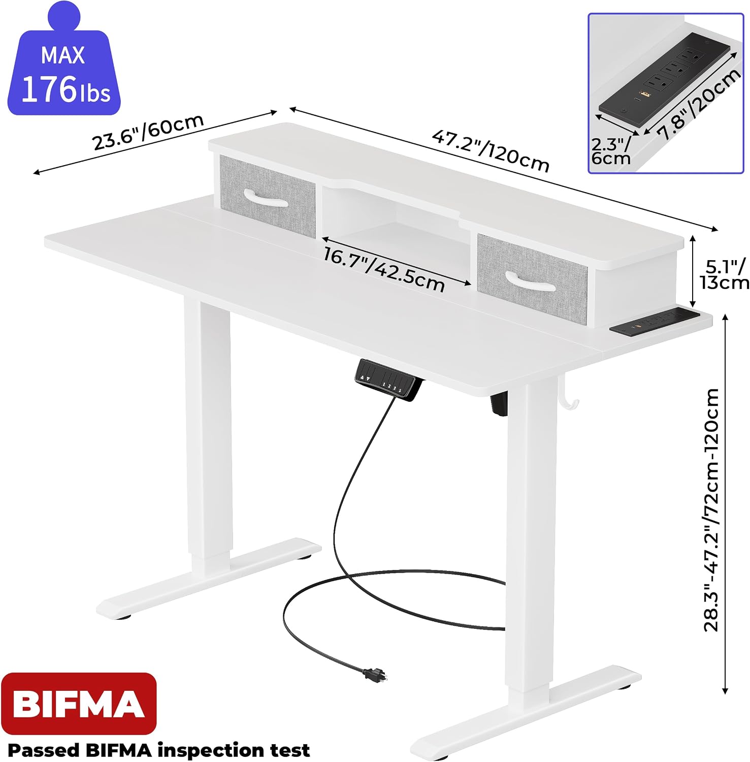 JOISCOPE 48 Inch Electric Standing Adjustable Height Desk with USB & Type-C Outlet, Home Office Computer Gaming Desk with Display Riser and Double Drawer, Sit Stand Desk, White