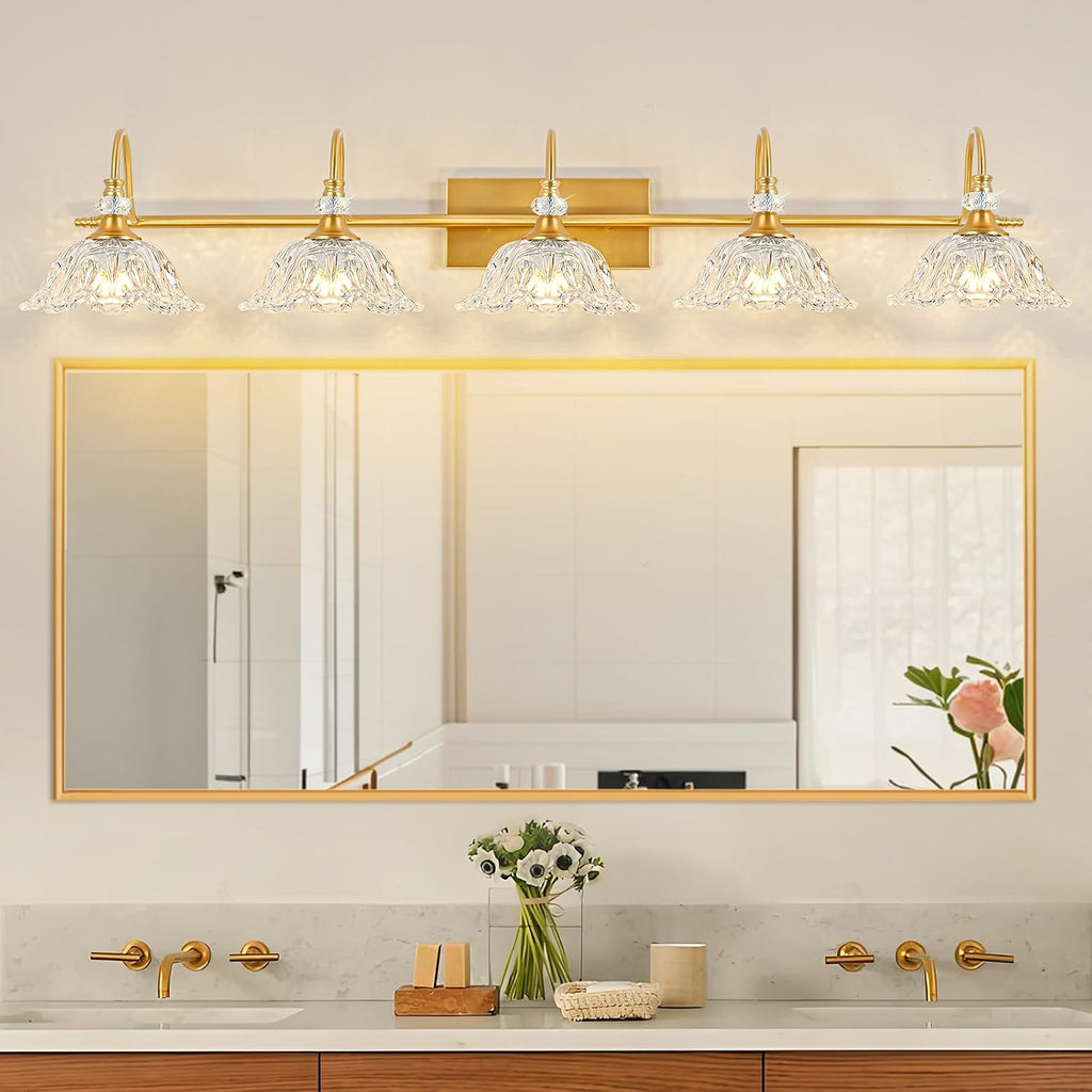 Gold Bathroom Vanity Light, 5-Light Brushed Gold Finish Vanity Light with Floral Clear Glass Shades, Vintage Wall Mount Lighting for Bathroom, Dressing Table