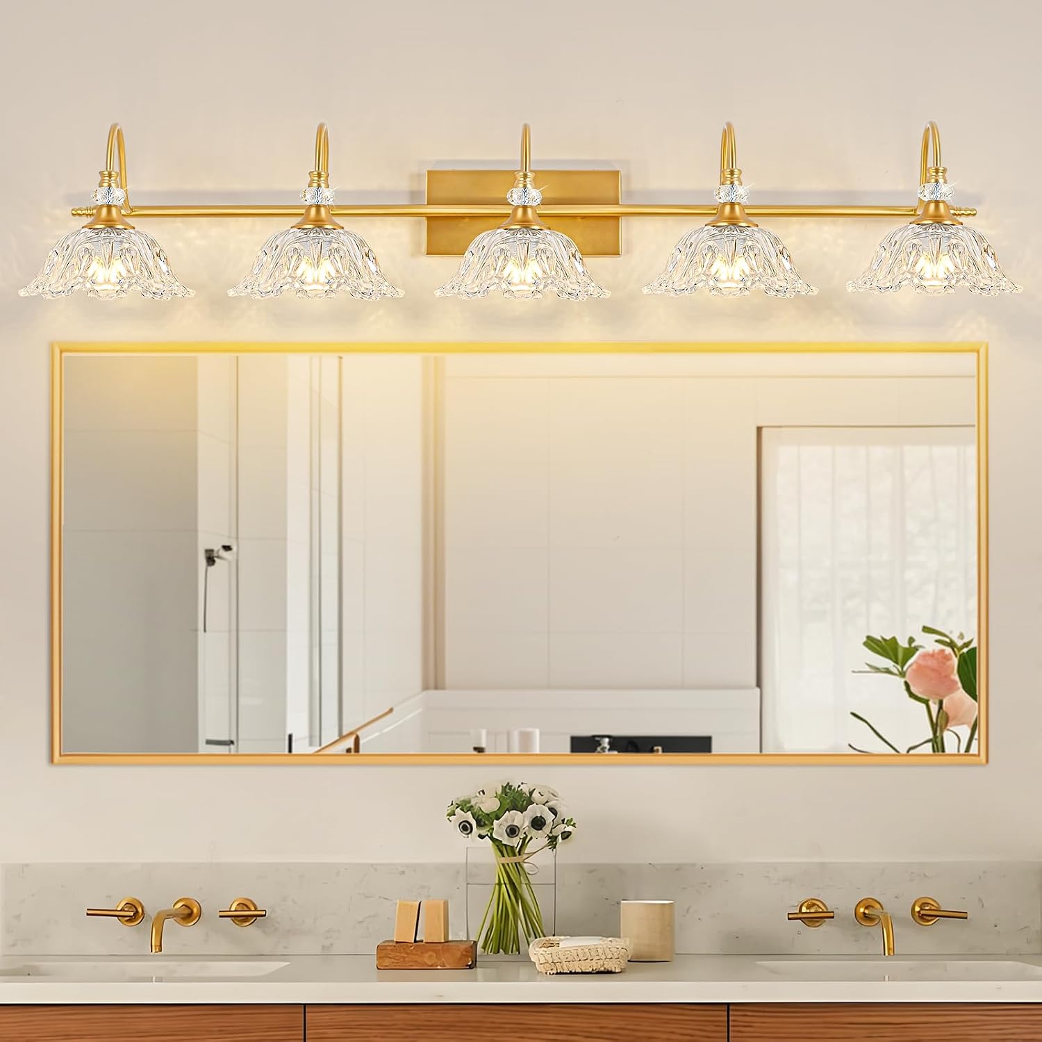 Gold Bathroom Vanity Light, 5-Light Brushed Gold Finish Vanity Light with Floral Clear Glass Shades, Vintage Wall Mount Lighting for Bathroom, Dressing Table