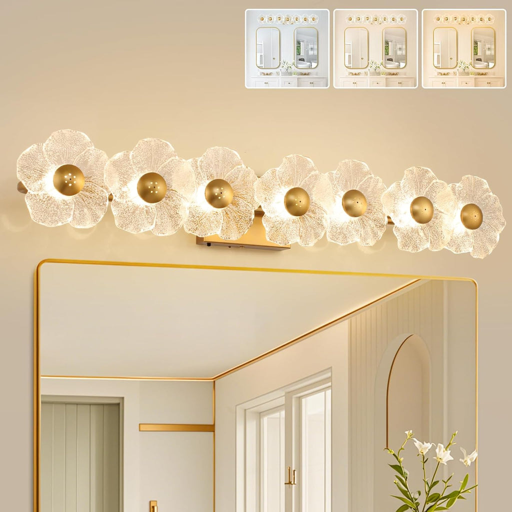 MantoLite 33.46'' Bathroom Light Fixtures Modern Vanity Light Over Mirror Adjustable 3000K-6000K Picture Lights Art Light with Floral Clear Glass Shades for Living Room Bedroom (7 Light Gold)