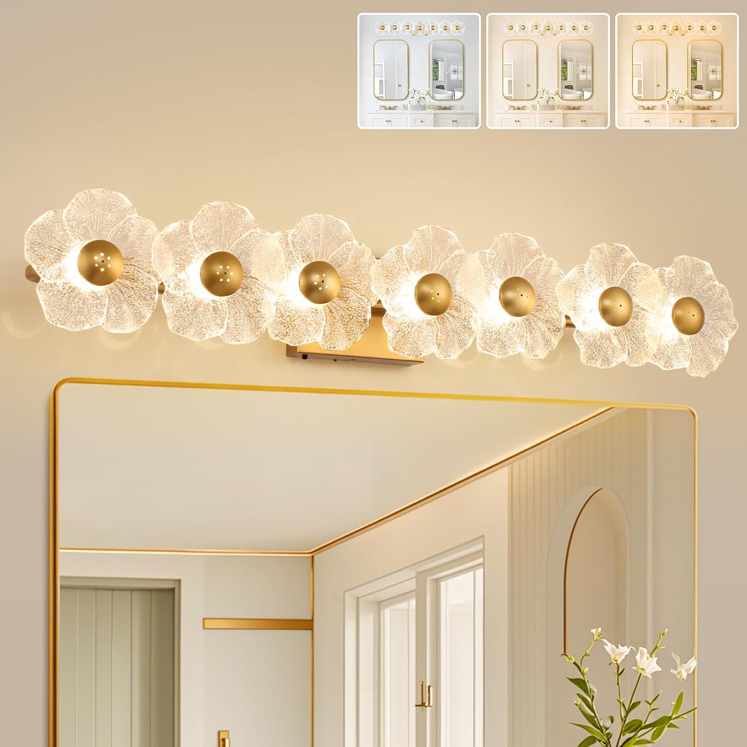 MantoLite 33.46'' Bathroom Light Fixtures Modern Vanity Light Over Mirror Adjustable 3000K-6000K Picture Lights Art Light with Floral Clear Glass Shades for Living Room Bedroom (7 Light Gold)