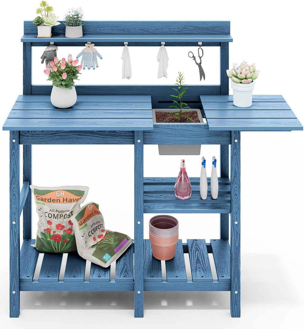 SERWALL Outdoor Potting Bench with Removeable Sink,Rot-Resistant HDPE Potting Table for Outside Gardening, All Weather Use - Blue