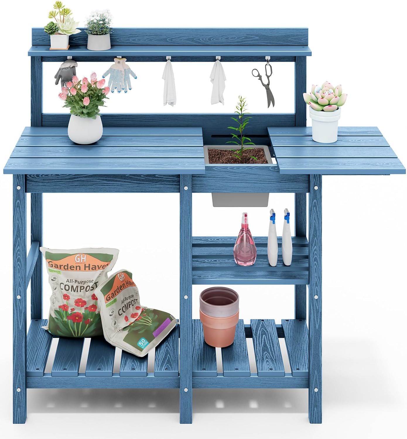SERWALL Outdoor Potting Bench with Removeable Sink,Rot-Resistant HDPE Potting Table for Outside Gardening, All Weather Use - Blue