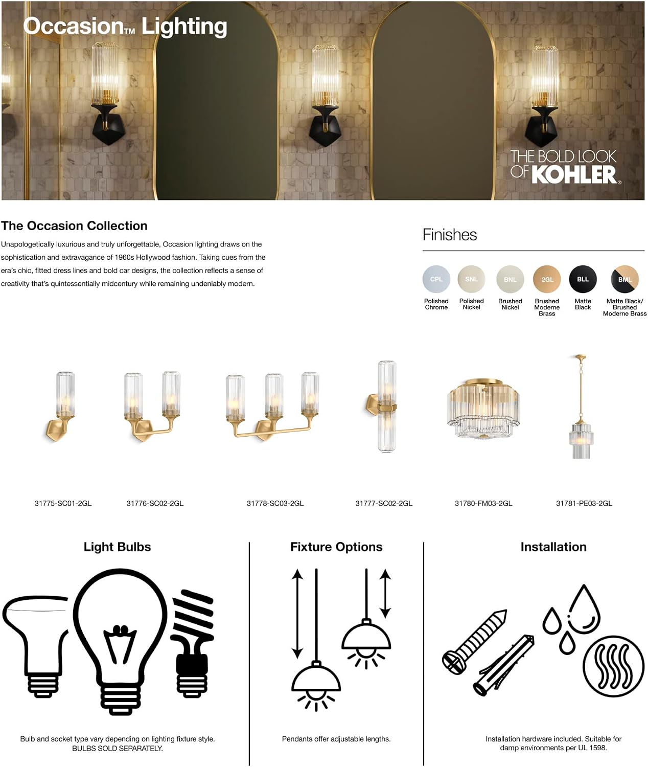 Occasion 2-Light Vertical Sconce - Brushed Nickel 31777-SC02-BNL Kohler