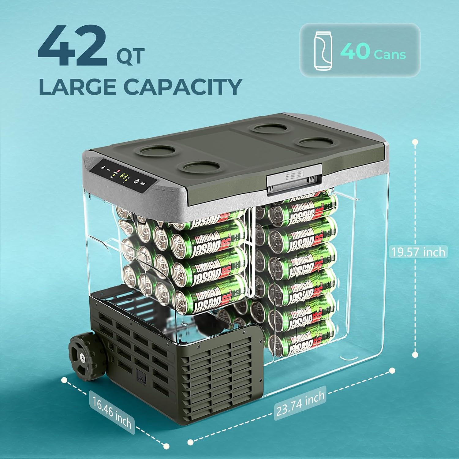 Electactic 12V Portable Refrigerator, 42 Quart(40L) Electric Cooler for Car Dual-Voltage 12V/24V DC Car Fridge, -4°F to 68°F Portable Freezer With Wheels, Truck, RV, Camping, Home, Road Trips，Green