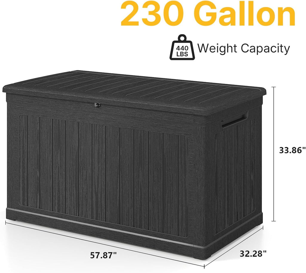 Skepphlay 230 Gallon Deck Box, Outdoor Storage Box Waterproof and UV Resistant, Patio Storage Box Lockable Large, 440 lbs Load Capacity for Garden, Patio, Pool (Black)