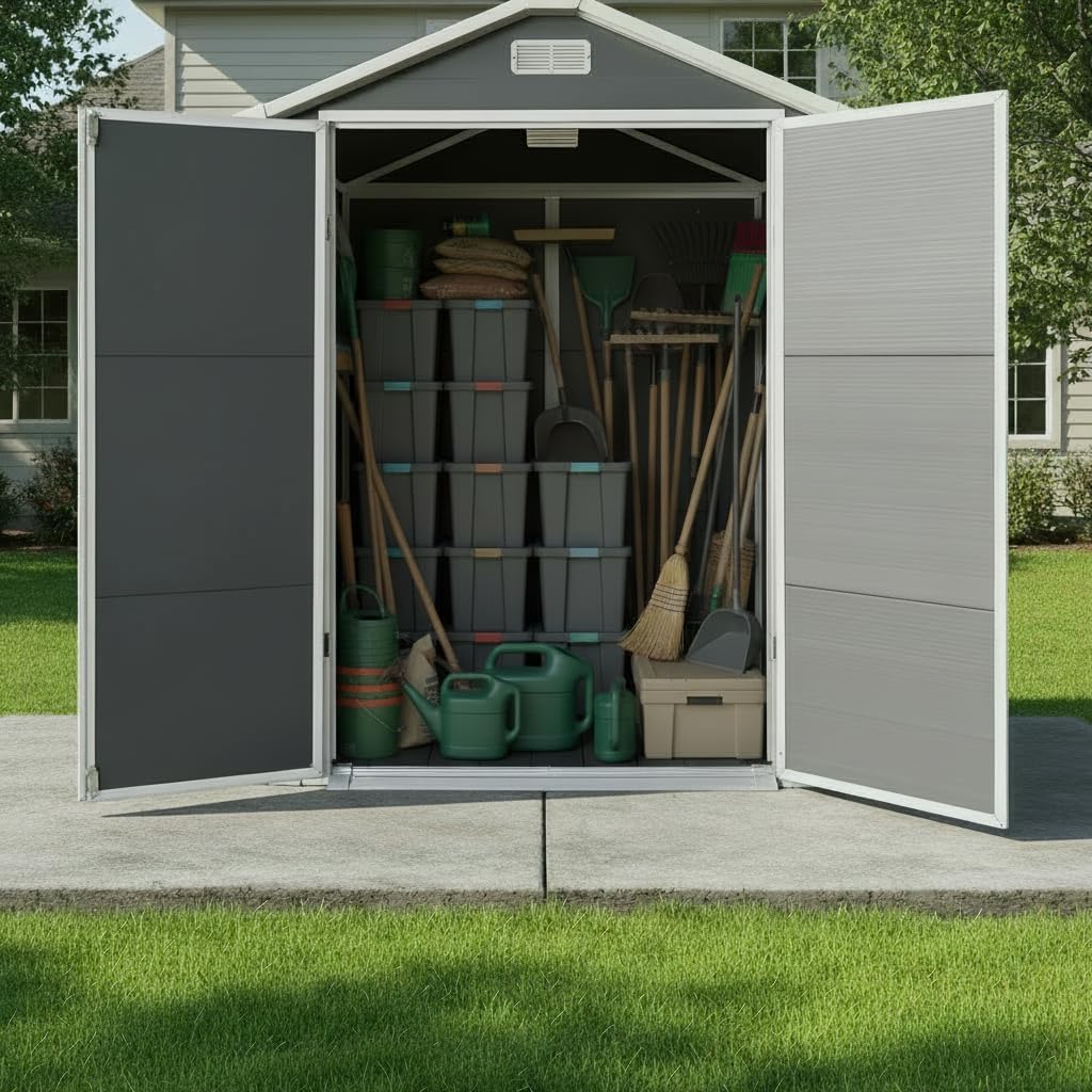 YOPTO 6x4 FT Plastic Storage Shed,Outdoor Storage Shed with Floor and Lockable Door,Waterproof Garden Shed W/Windows & Vents,Sloped Roof,Tool House for Storing Bicycles,Lawnmowers,Gray