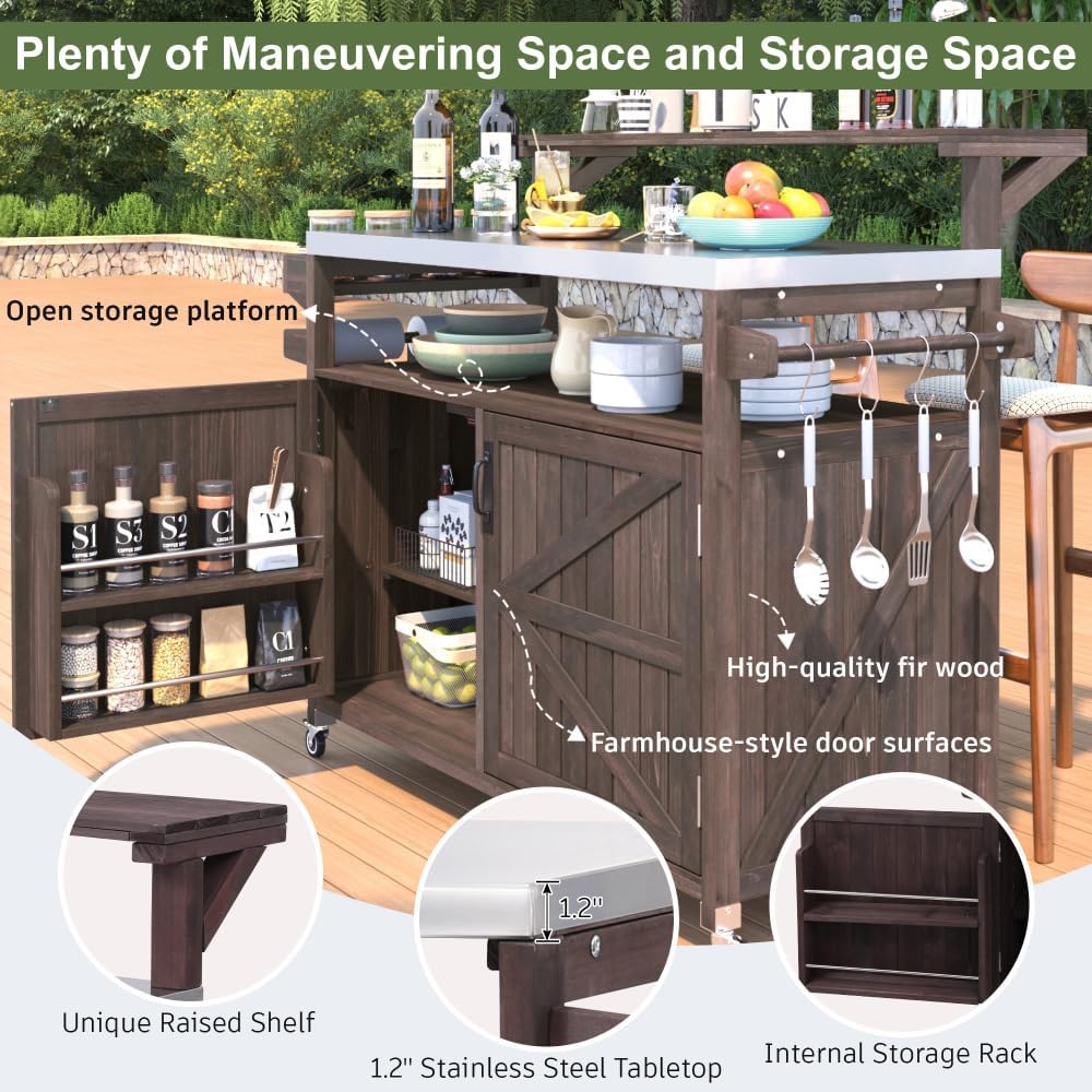 53.3' Outdoor Kitchen Island with Raised Shelf, Solid Wood Storage Cabinet with Stainless Steel Top, Outdoor Rolling Grill Cart with Internal Storage Rack, Adjustable Shelf, Spice Rack (Brown)